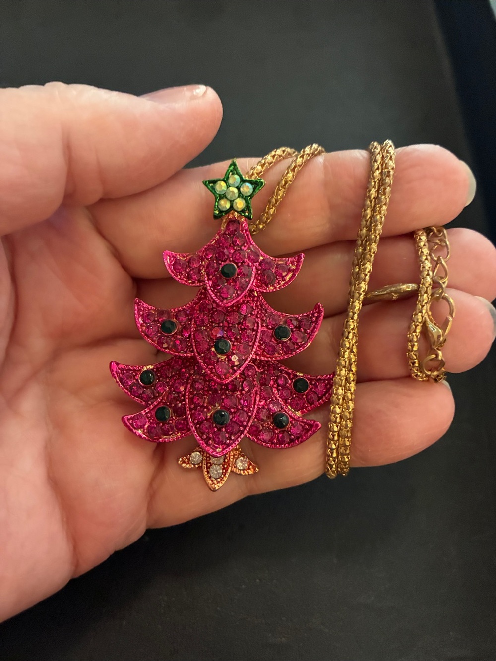 Festive Pink Crystal Christmas Tree Pendant Necklace